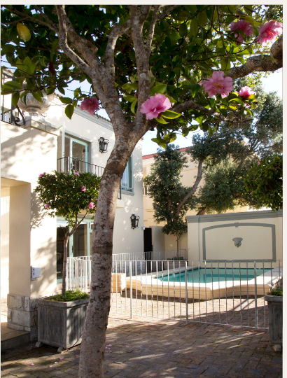 Private pool courtyard shaded by flowering trees